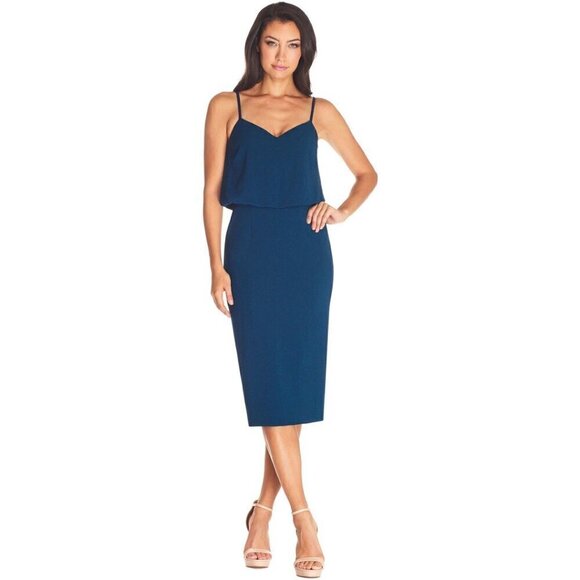 DRESS THE POPULATION Alondra Blouson Sheath Dress in Peacock Blue Size Small